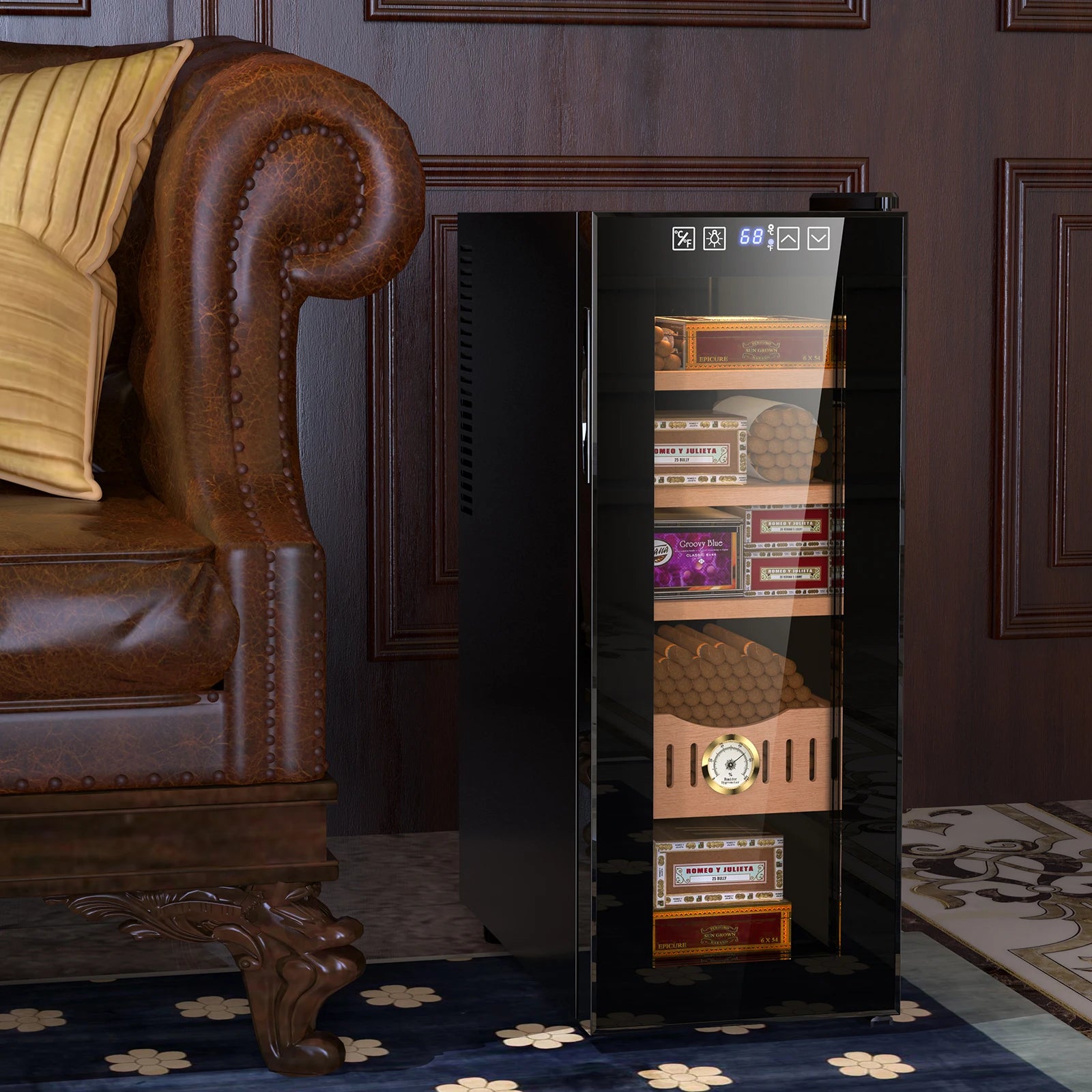 35L Electric Cigar Cooler Humidor Cabinet – Spanish Cedar Shelves & Drawer | Adjustable 54°–74°F | ~250 Cigar Capacity