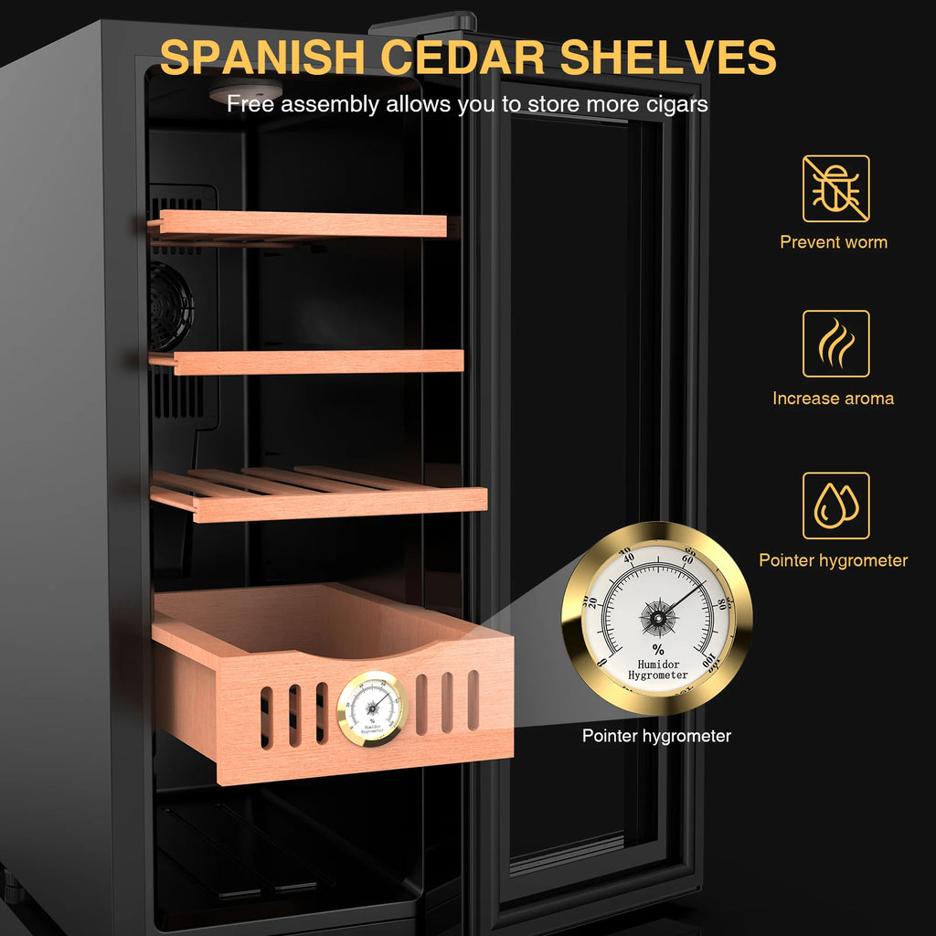 35L Electric Cigar Cooler Humidor Cabinet – Spanish Cedar Shelves & Drawer | Adjustable 54°–74°F | ~250 Cigar Capacity