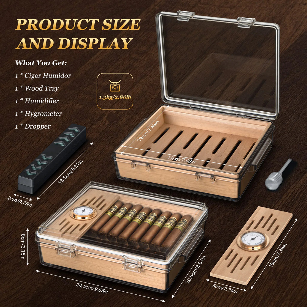 Desktop Acrylic Cigar Humidor — Built-In Cedar Tray, Humidifier & Hygrometer | Holds 20–30 Cigars