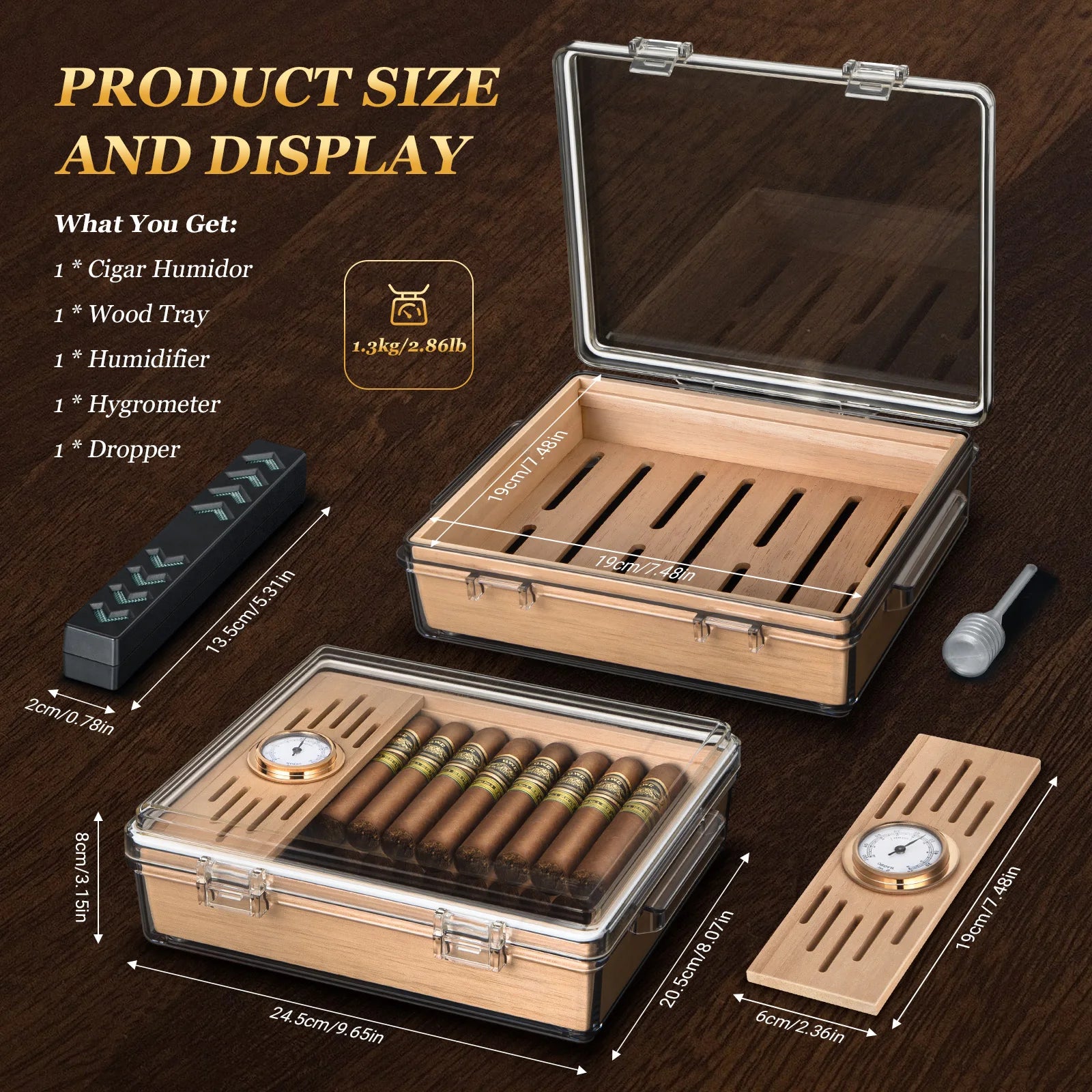 Desktop Acrylic Cigar Humidor — Built-In Cedar Tray, Humidifier & Hygrometer | Holds 20–30 Cigars