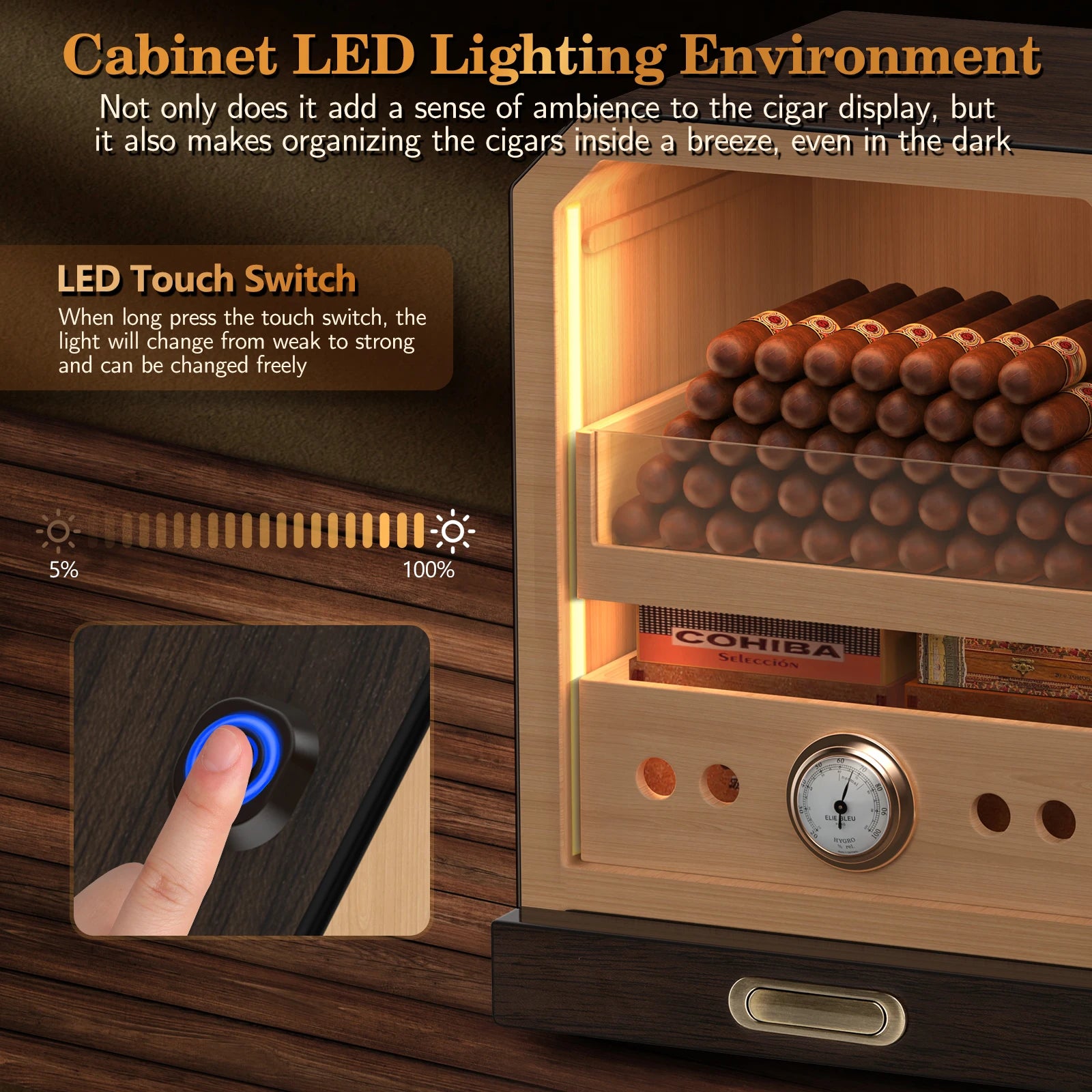 Spanish Cedar Desktop Cigar Cabinet – LED Showcase Humidor with Magnetic Glass Door + Accessory Drawer