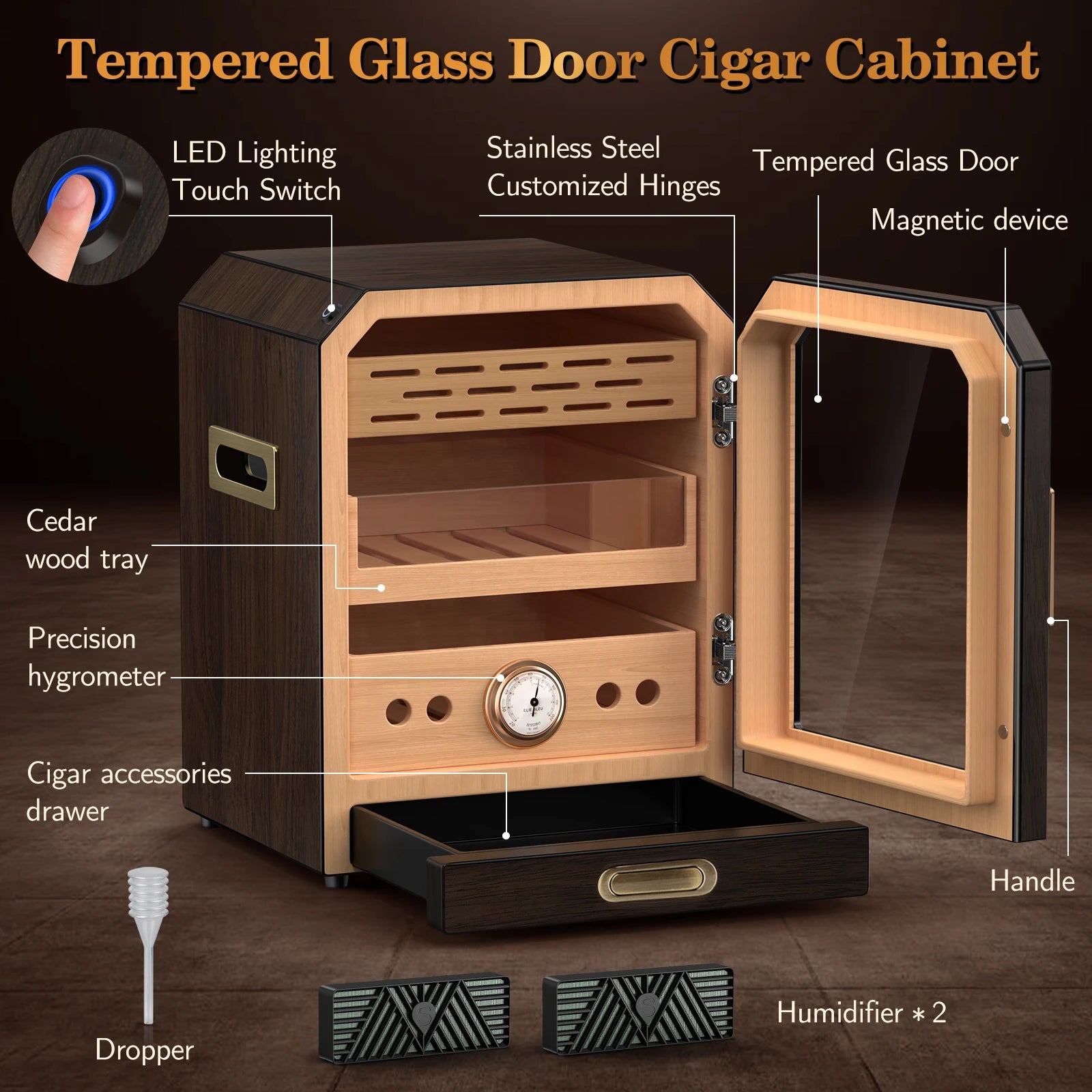 Spanish Cedar Desktop Cigar Cabinet – LED Showcase Humidor with Magnetic Glass Door + Accessory Drawer