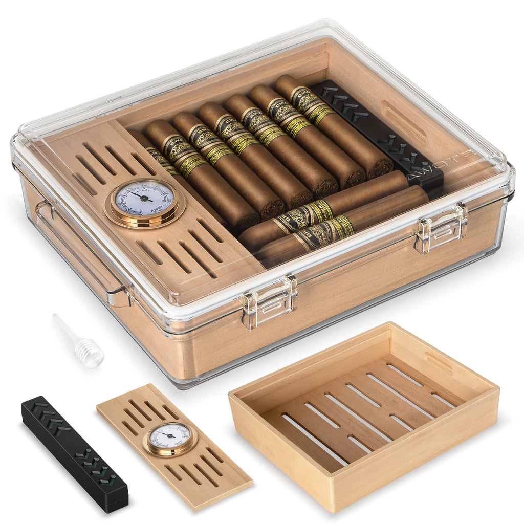 Desktop Acrylic Cigar Humidor — Built-In Cedar Tray, Humidifier & Hygrometer | Holds 20–30 Cigars