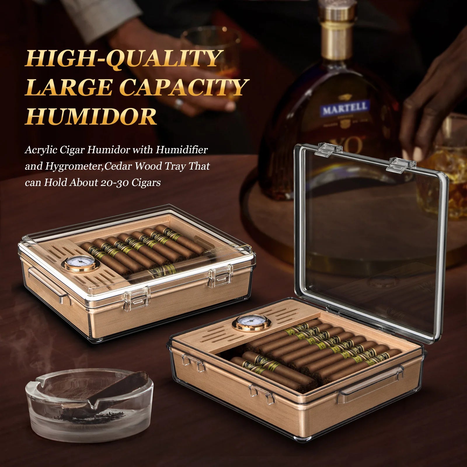 Desktop Acrylic Cigar Humidor — Built-In Cedar Tray, Humidifier & Hygrometer | Holds 20–30 Cigars
