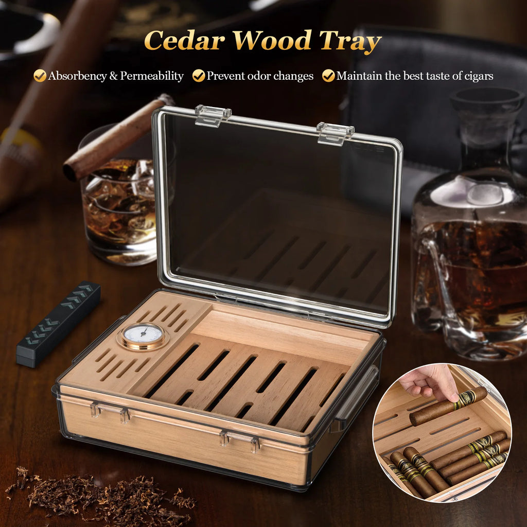 Desktop Acrylic Cigar Humidor — Built-In Cedar Tray, Humidifier & Hygrometer | Holds 20–30 Cigars