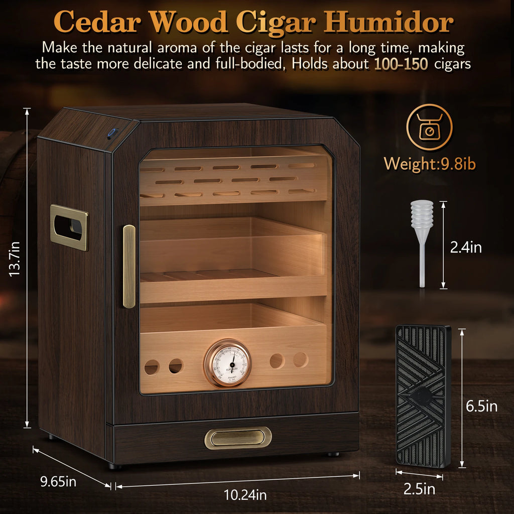 Spanish Cedar Desktop Cigar Cabinet – LED Showcase Humidor with Magnetic Glass Door + Accessory Drawer