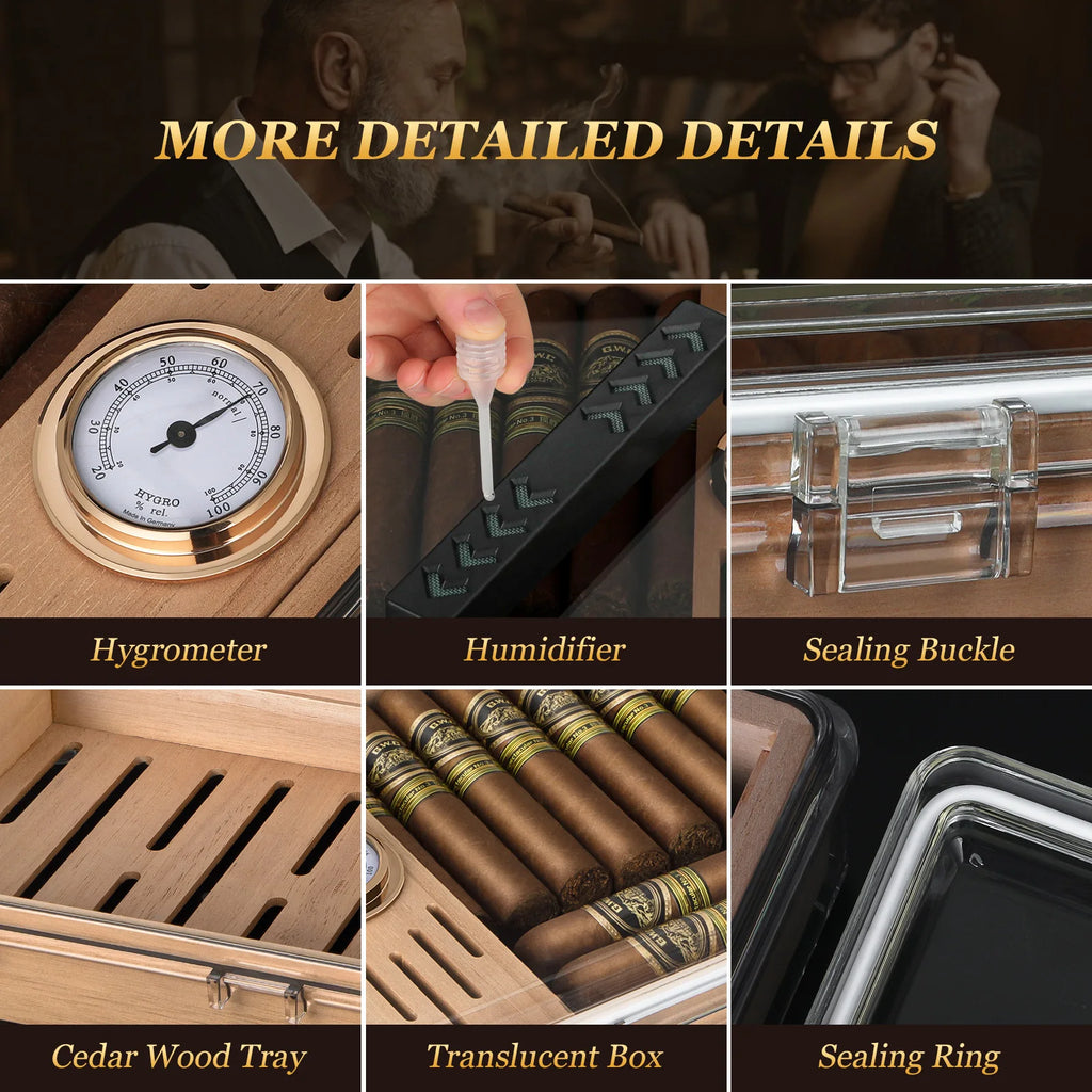 Desktop Acrylic Cigar Humidor — Built-In Cedar Tray, Humidifier & Hygrometer | Holds 20–30 Cigars