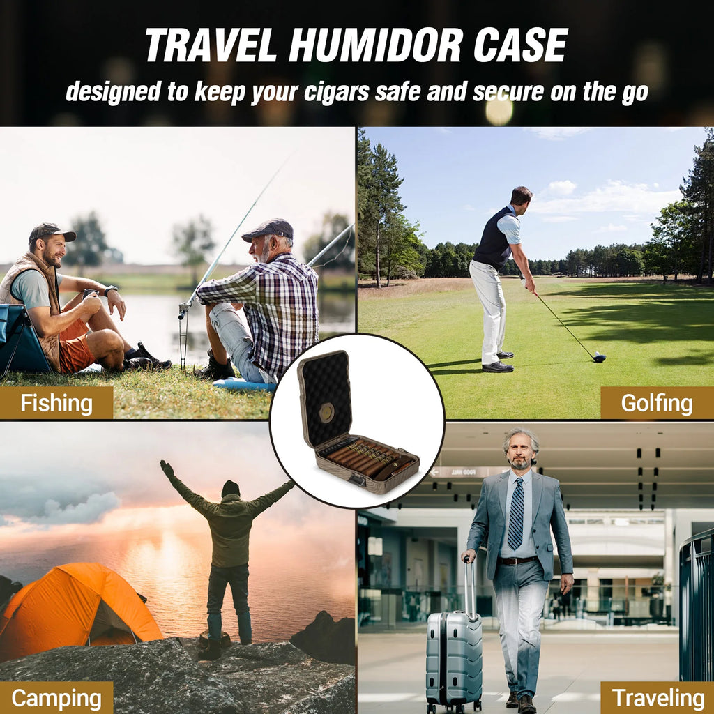 Portable Travel Cigar Humidor Set – Cedar Wood Interior, Butane Torch Lighter, V-Cut Cutter & Hygrometer (7–9 Cigar Capacity)