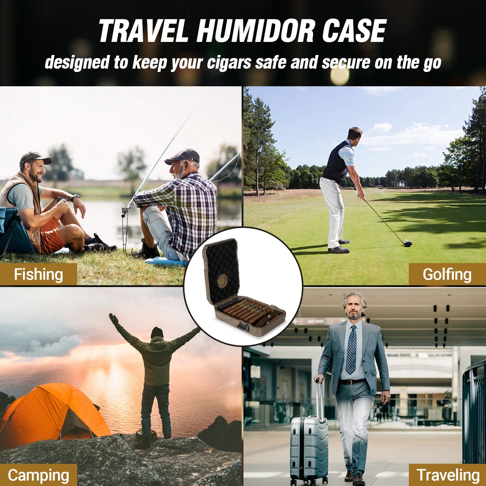 Portable Travel Cigar Humidor Set – Cedar Wood Interior, Butane Torch Lighter, V-Cut Cutter & Hygrometer (7–9 Cigar Capacity)