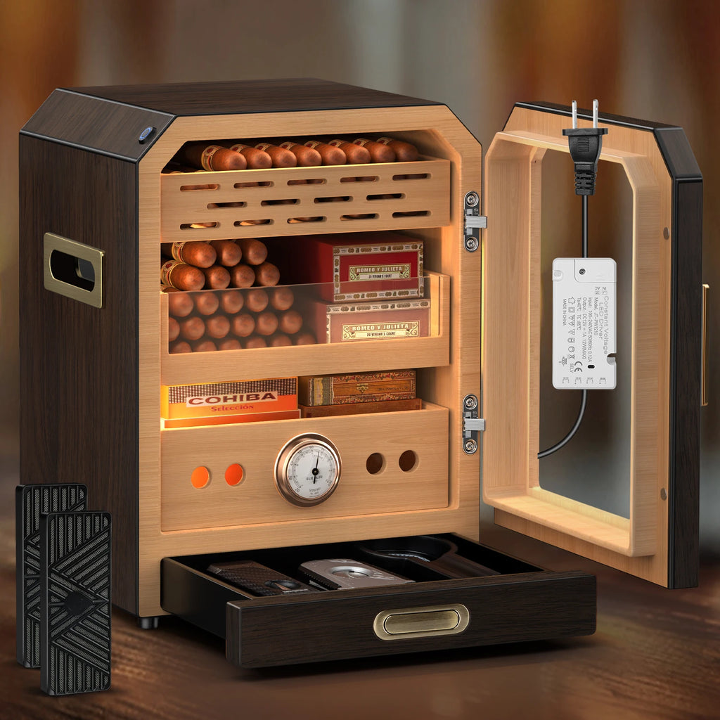 Spanish Cedar Desktop Cigar Cabinet – LED Showcase Humidor with Magnetic Glass Door + Accessory Drawer
