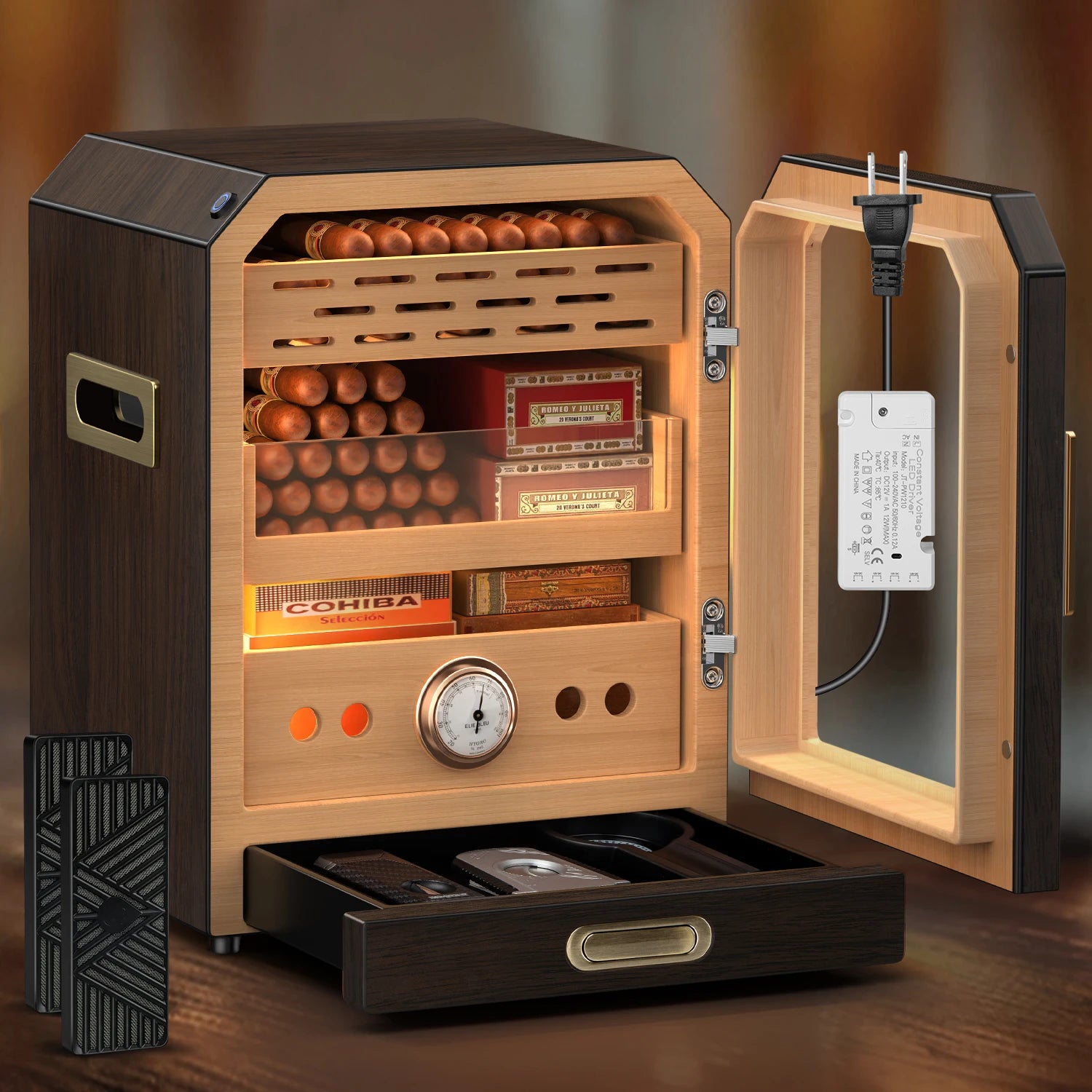 Spanish Cedar Desktop Cigar Cabinet – LED Showcase Humidor with Magnetic Glass Door + Accessory Drawer