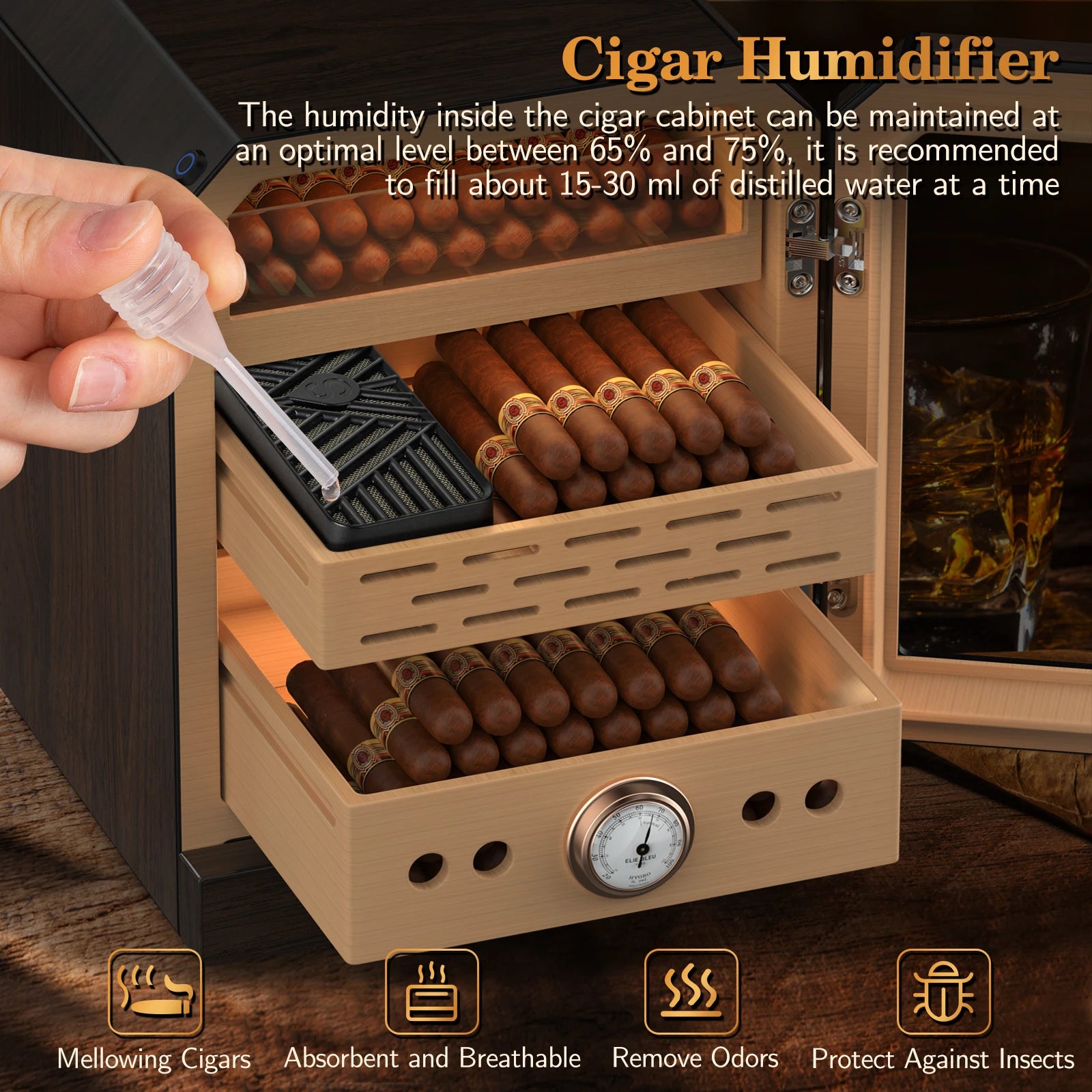Spanish Cedar Desktop Cigar Cabinet – LED Showcase Humidor with Magnetic Glass Door + Accessory Drawer
