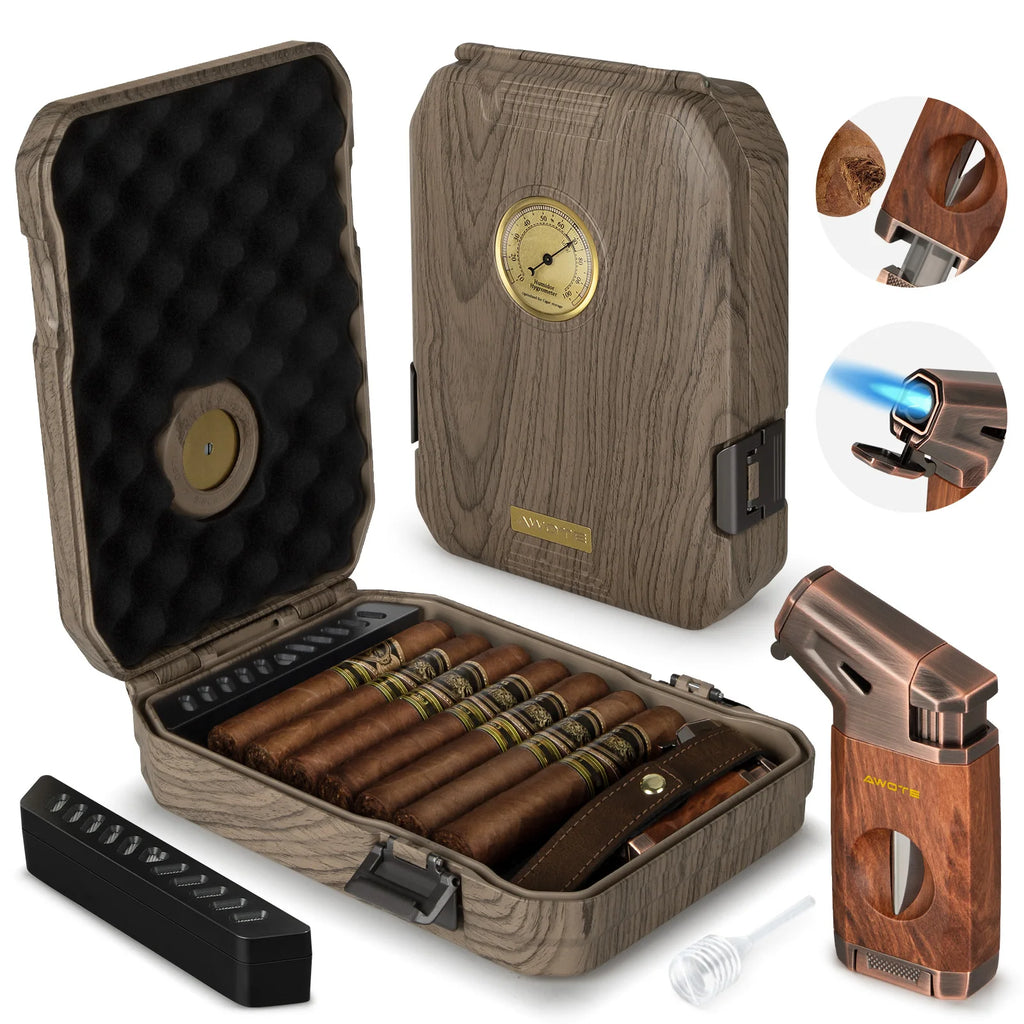 Portable Travel Cigar Humidor Set – Cedar Wood Interior, Butane Torch Lighter, V-Cut Cutter & Hygrometer (7–9 Cigar Capacity)