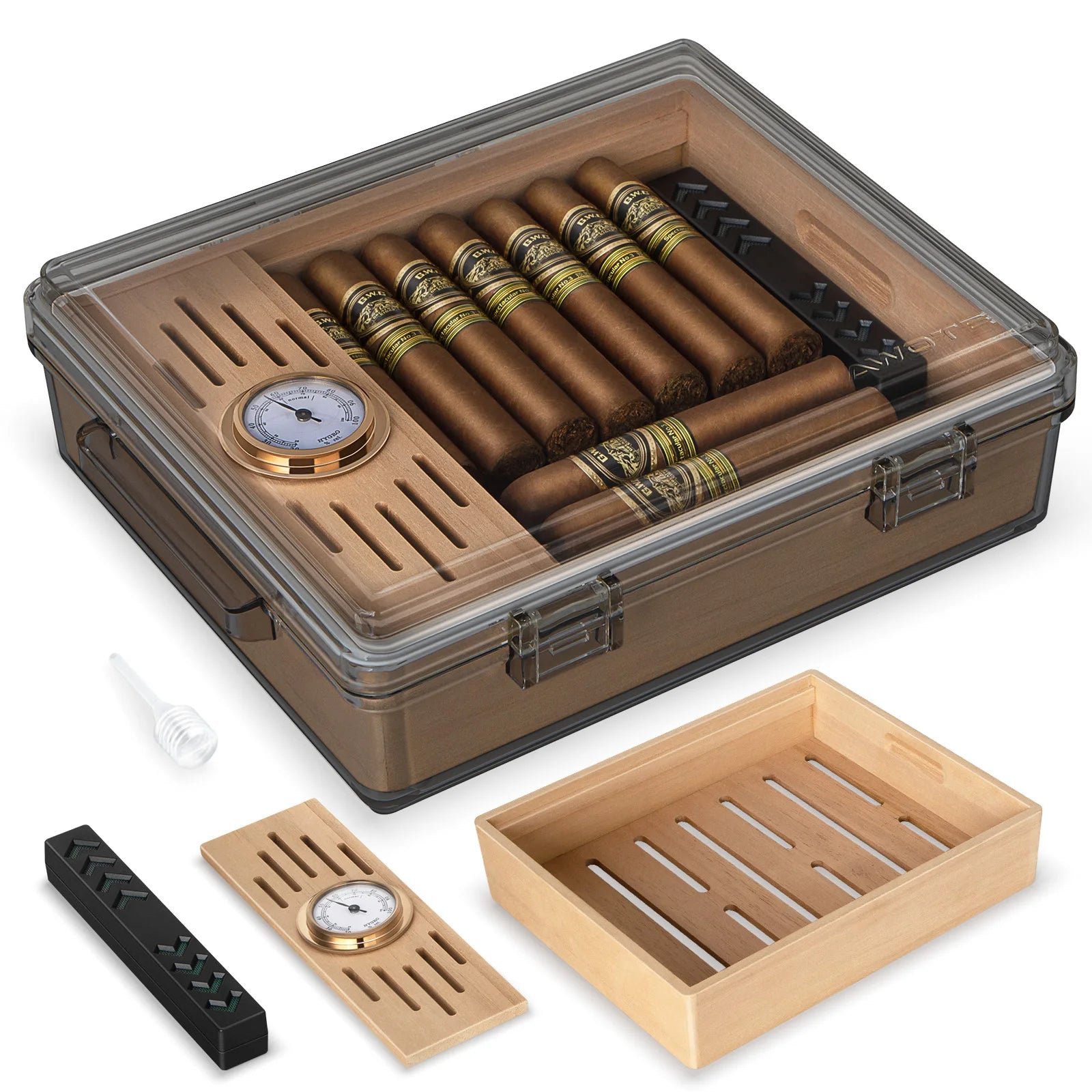 Desktop Acrylic Cigar Humidor — Built-In Cedar Tray, Humidifier & Hygrometer | Holds 20–30 Cigars