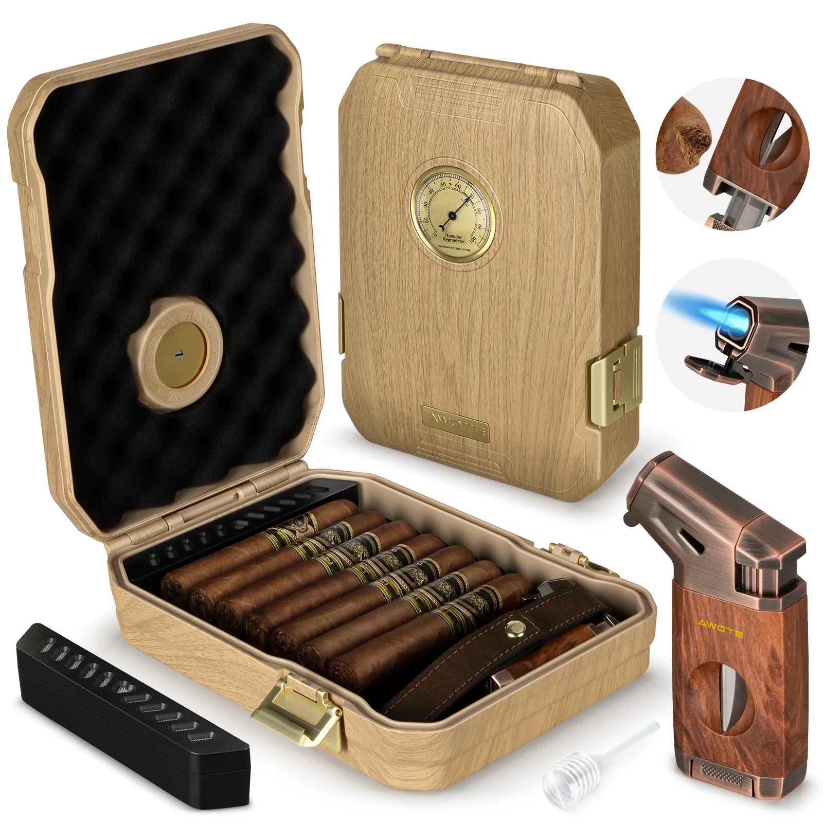 Portable Travel Cigar Humidor Set – Cedar Wood Interior, Butane Torch Lighter, V-Cut Cutter & Hygrometer (7–9 Cigar Capacity)