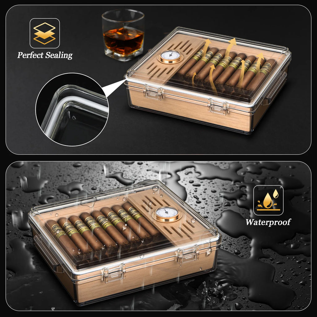 Desktop Acrylic Cigar Humidor — Built-In Cedar Tray, Humidifier & Hygrometer | Holds 20–30 Cigars