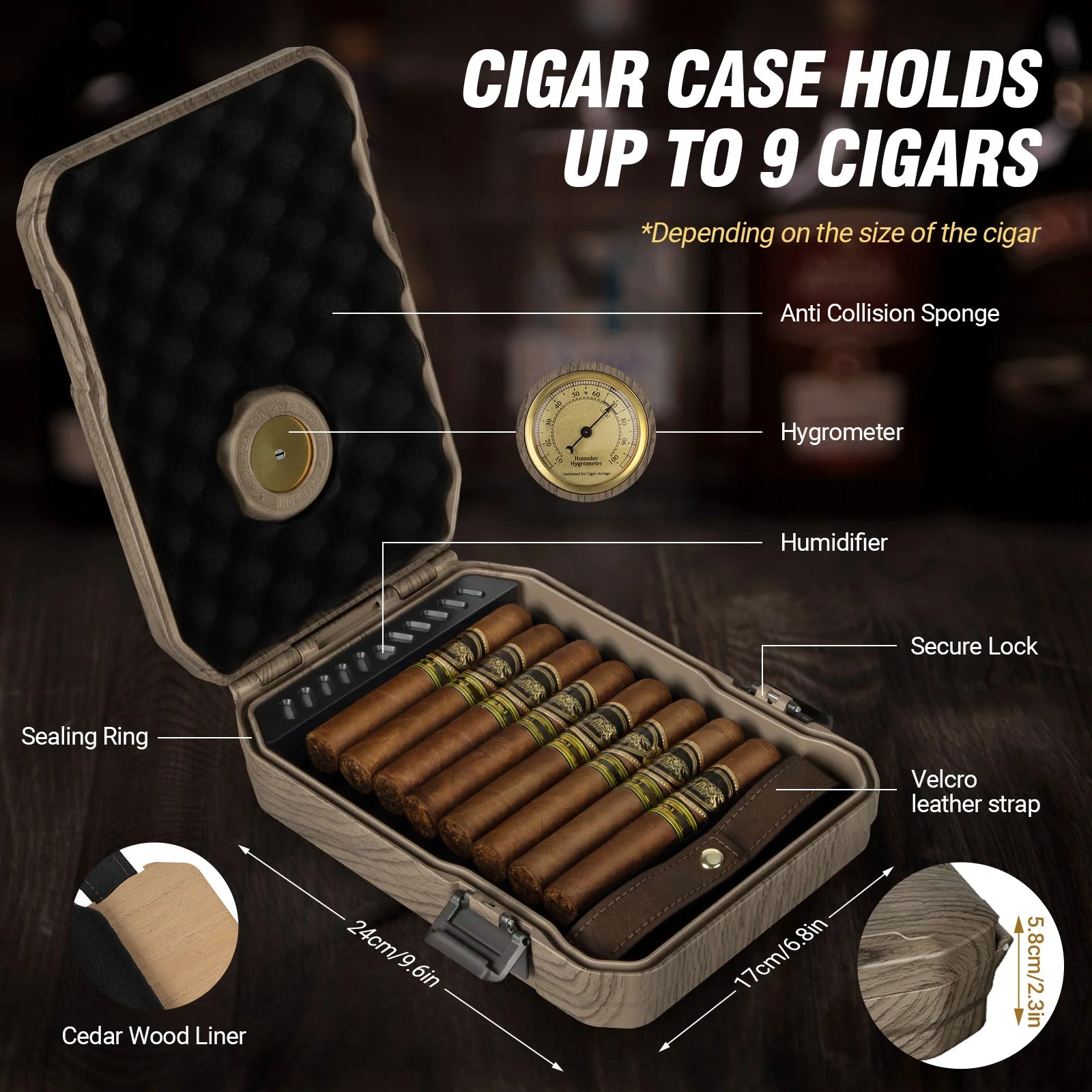 Portable Travel Cigar Humidor Set – Cedar Wood Interior, Butane Torch Lighter, V-Cut Cutter & Hygrometer (7–9 Cigar Capacity)