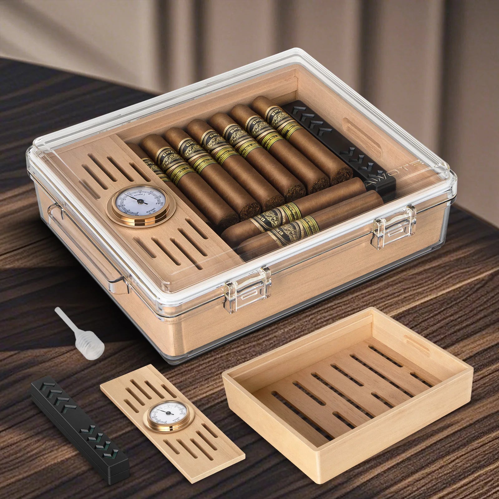 Desktop Acrylic Cigar Humidor — Built-In Cedar Tray, Humidifier & Hygrometer | Holds 20–30 Cigars